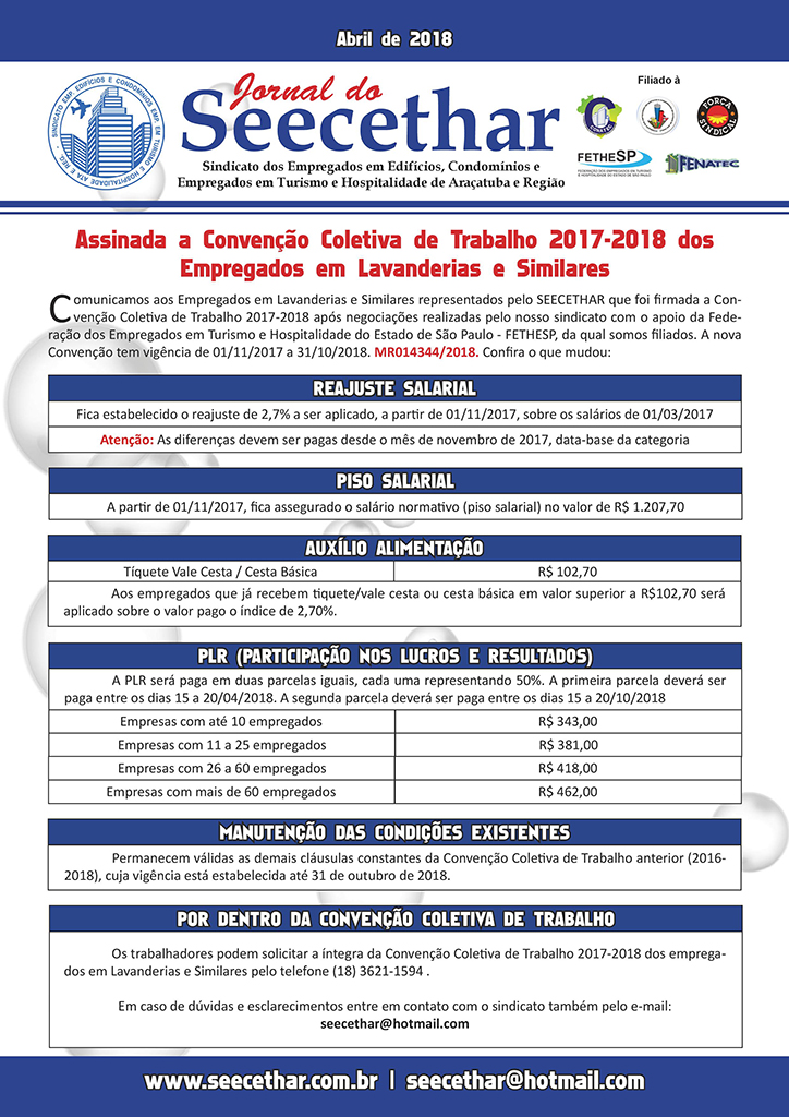 SEECETHAR Araçatuba - Convenção Coletiva 2017 - Empregados em Lavanderias e Similares
