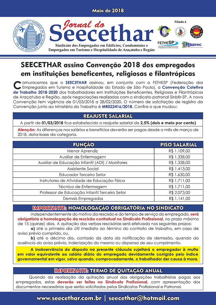 Seecethar Araçatuba - Convenção Coletiva 2018 - Empregados em Instituições Beneficentes, Religiosas e Filantrópicas
