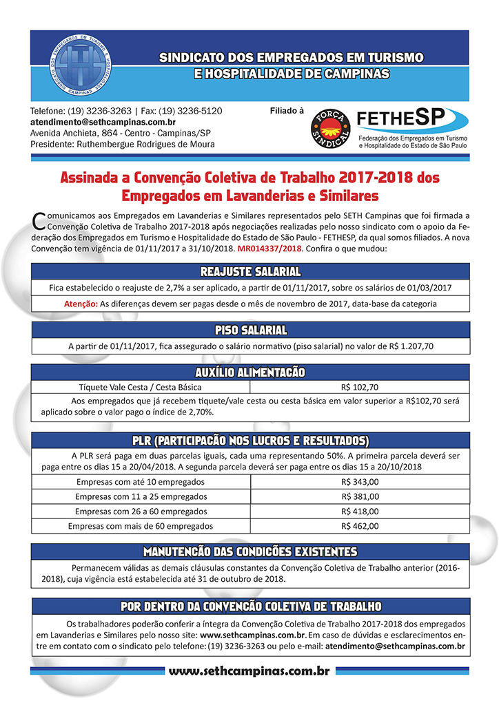 SETH Campinas - Convenção Coletiva 2017 - Empregados em Lavanderias e Similares