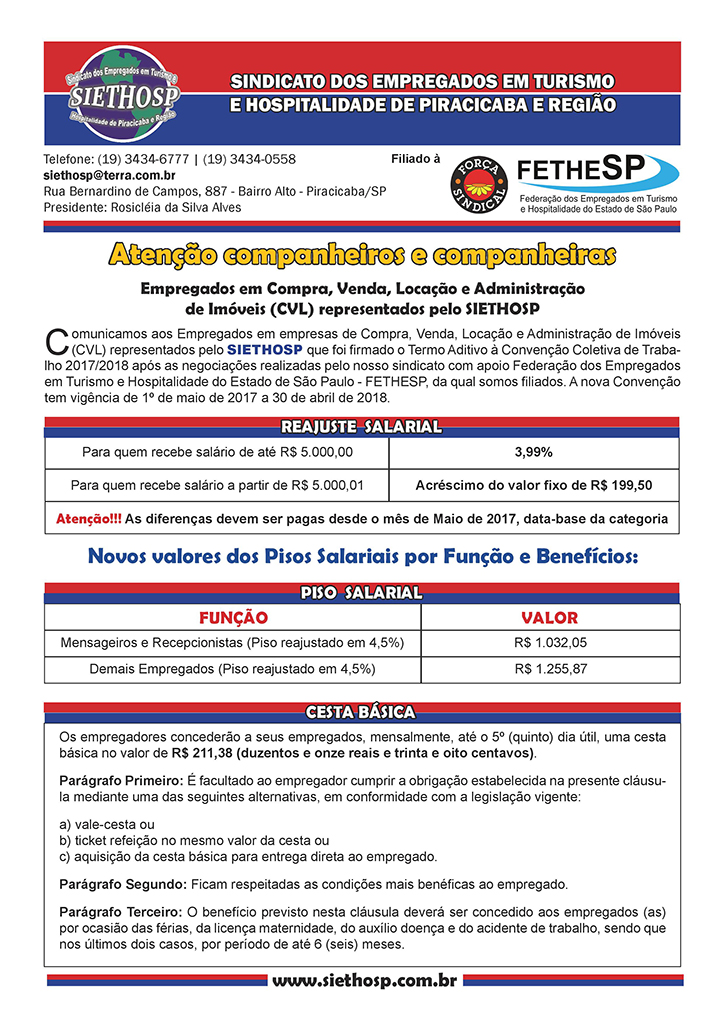 SIETHOSP Piracicaba - Convenção Coletiva 2017 - Compra, Venda, Locação e Administração de Imóveis